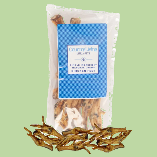 Bag of Country Living Life Pets chicken feet with a blue label on a white background