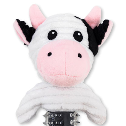 Plush cow toy with black and white pattern on a white background