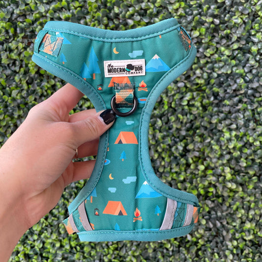 Teal dog harness with camping design held by a hand on a grassy background